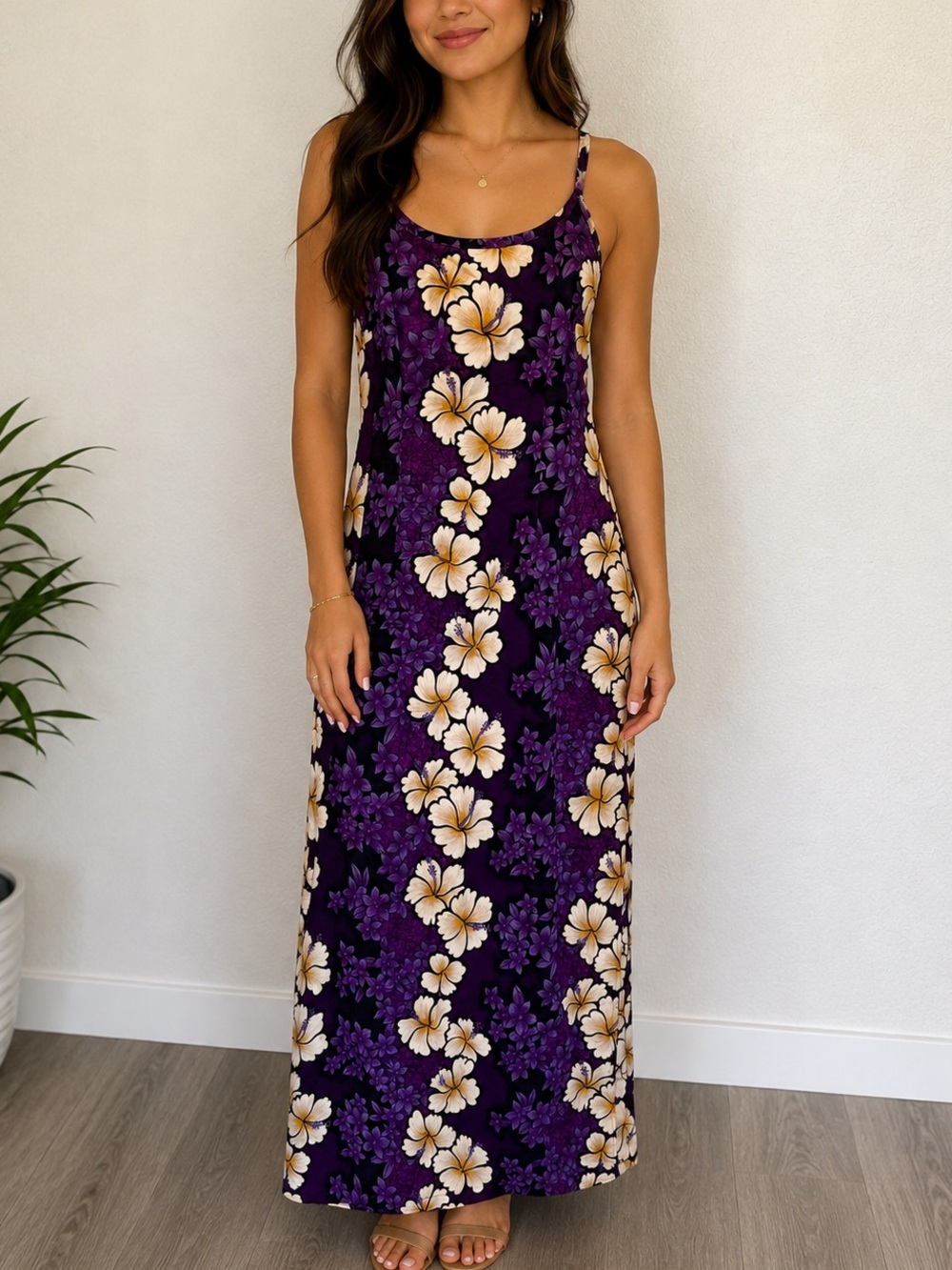 Vintage Hilo Hattie Hawaiian Purple Hibiscus Spaghetti Strap Maxi Dress- Size 12